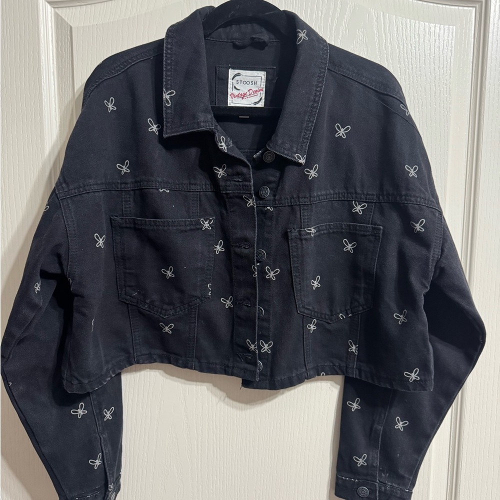 St. John's Bay Black Cropped Jean Jacket with Embroidery